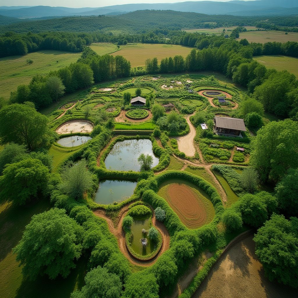 Aerial view of EcoLifeAU demonstration farm showing diverse landscape design