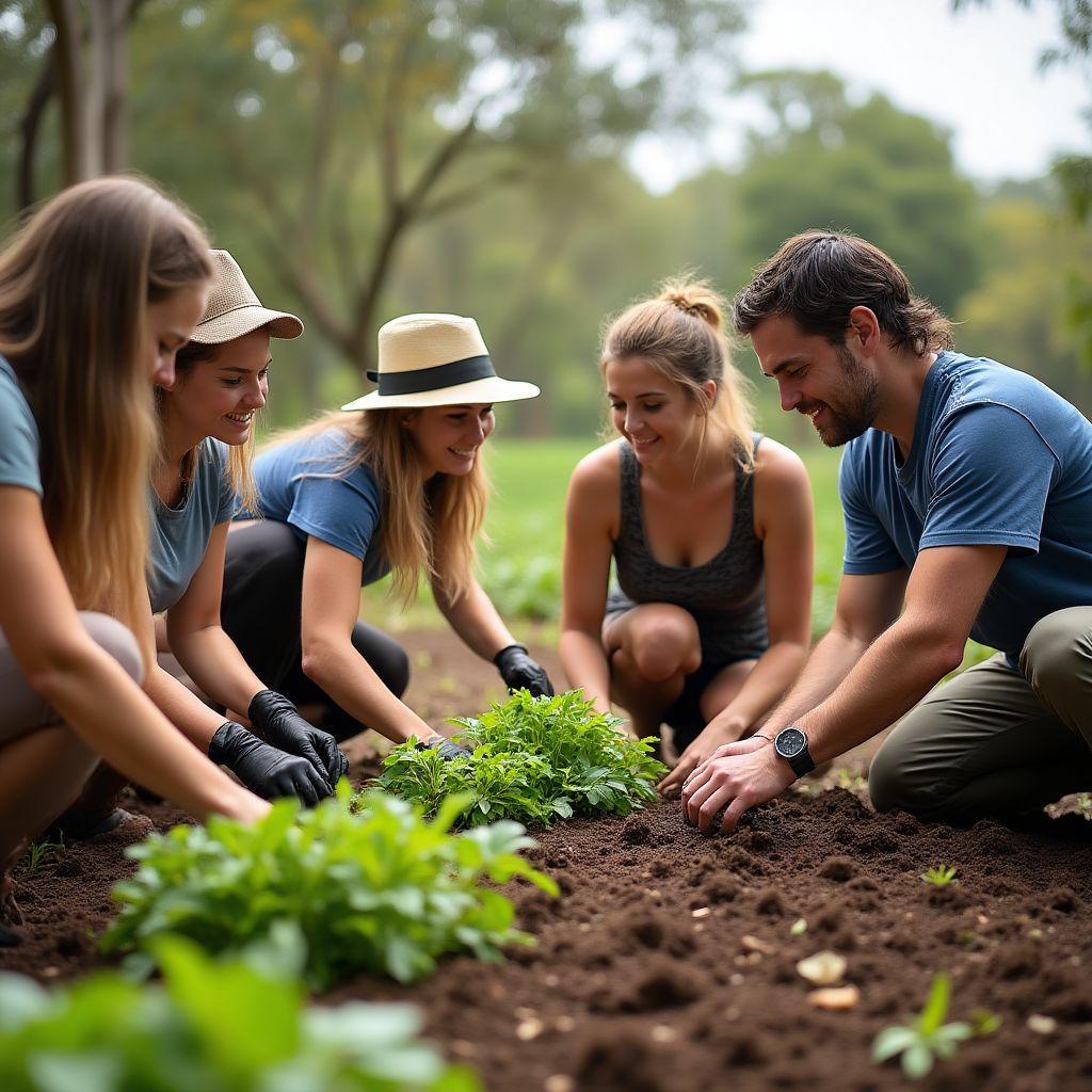 Permaculture workshop with diverse participants learning composting techniques