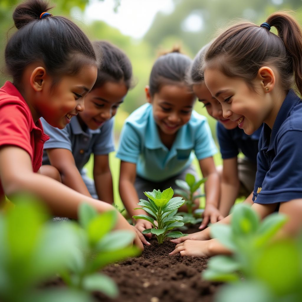 Children learning about seedling propagation at school garden