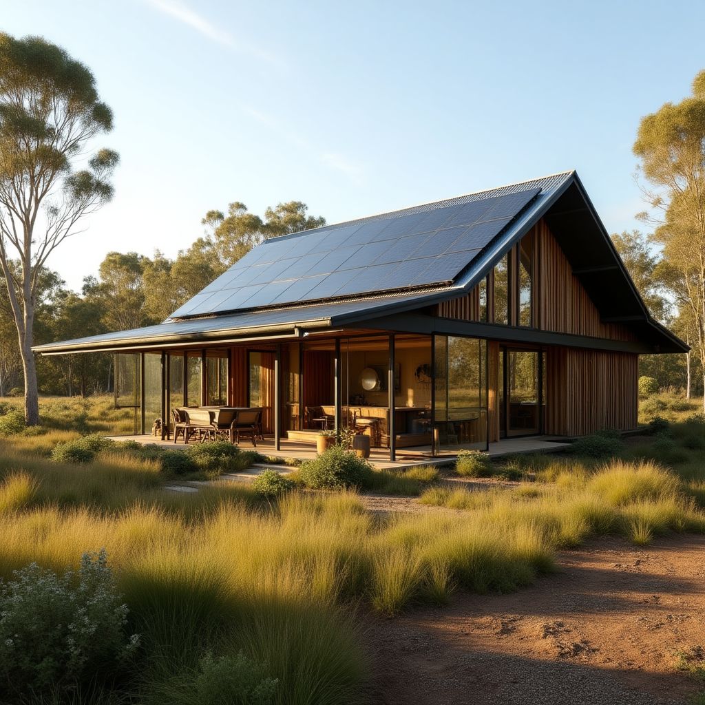 Sustainable farm headquarters with solar panels and gardens