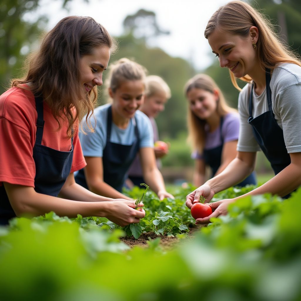 Community garden harvest day with diverse participants