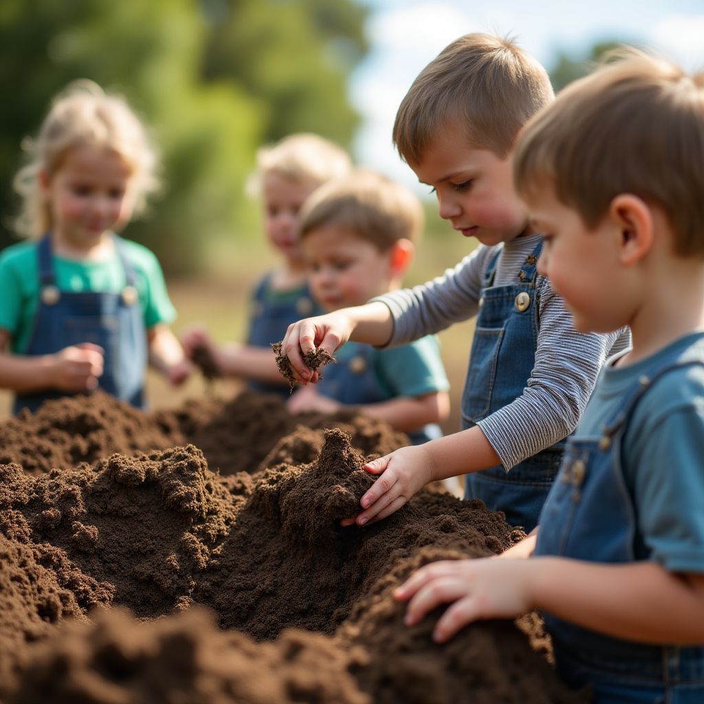 Children learning about composting at farm school